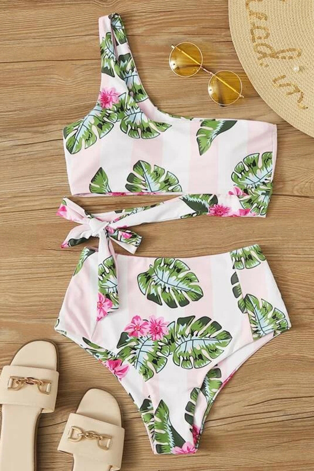 Levoire | Bikini une épaule à nouer sur le côté à fleurs Vert