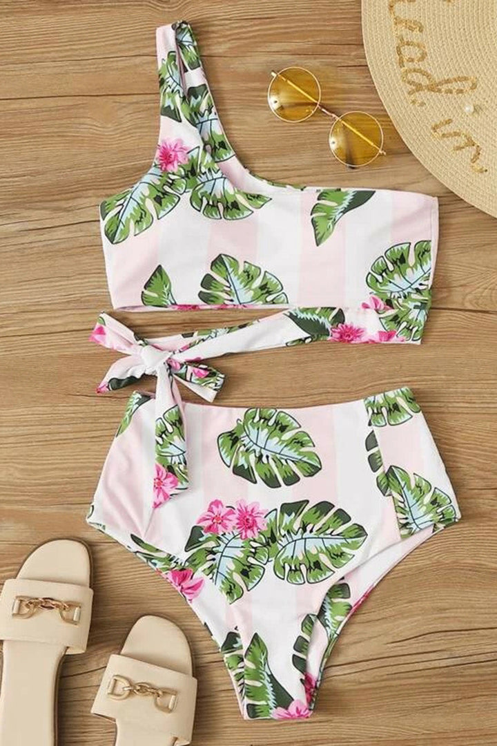 Levoire | Bikini une épaule à nouer sur le côté à fleurs Vert