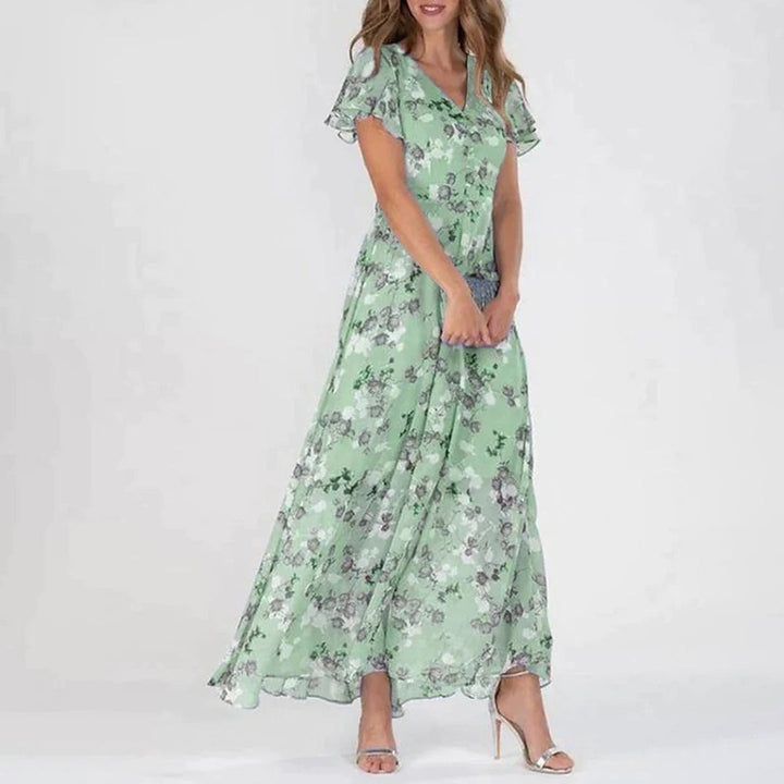Levoire | Élégante Robe Maxi Fleurie Avec Manches Volantes Pour Femmes Vert