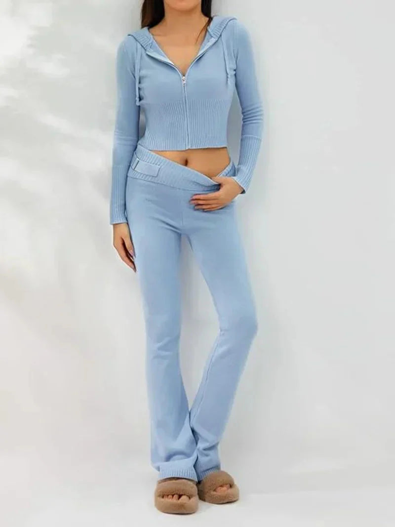 Levoire | Ensemble À Deux Pièces Capuche Zip Gilet Coordonné Femme Vêtements De Détente Bleu