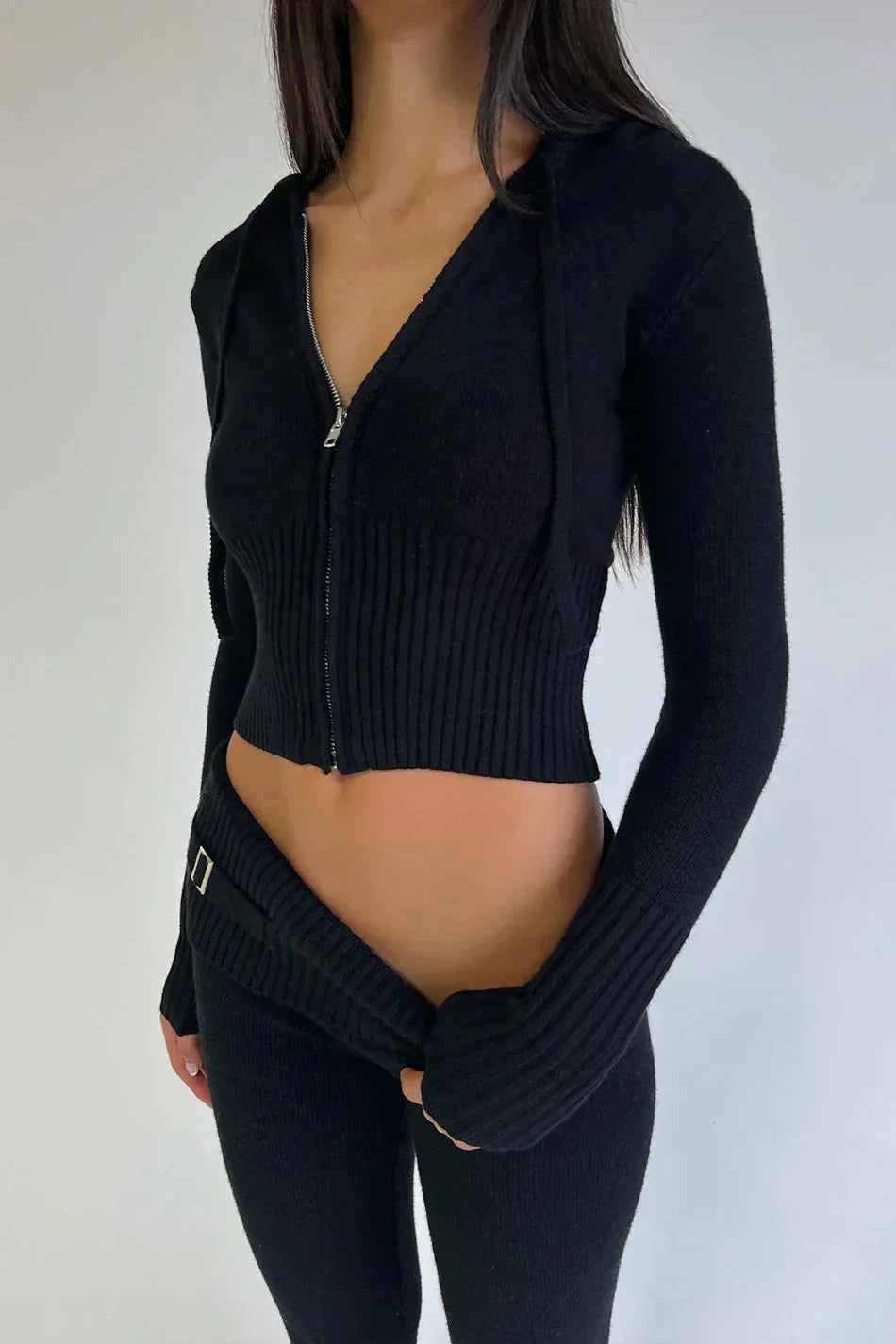 Levoire | Ensemble À Deux Pièces Capuche Zip Gilet Coordonné Femme Vêtements De Détente Noir