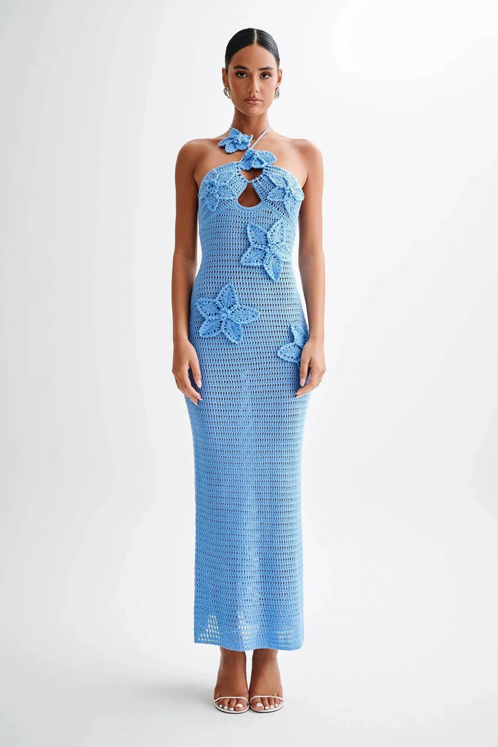 Levoire | Robe Maxi Bodycon D'Été À Col Halter Sans Manches Bleu