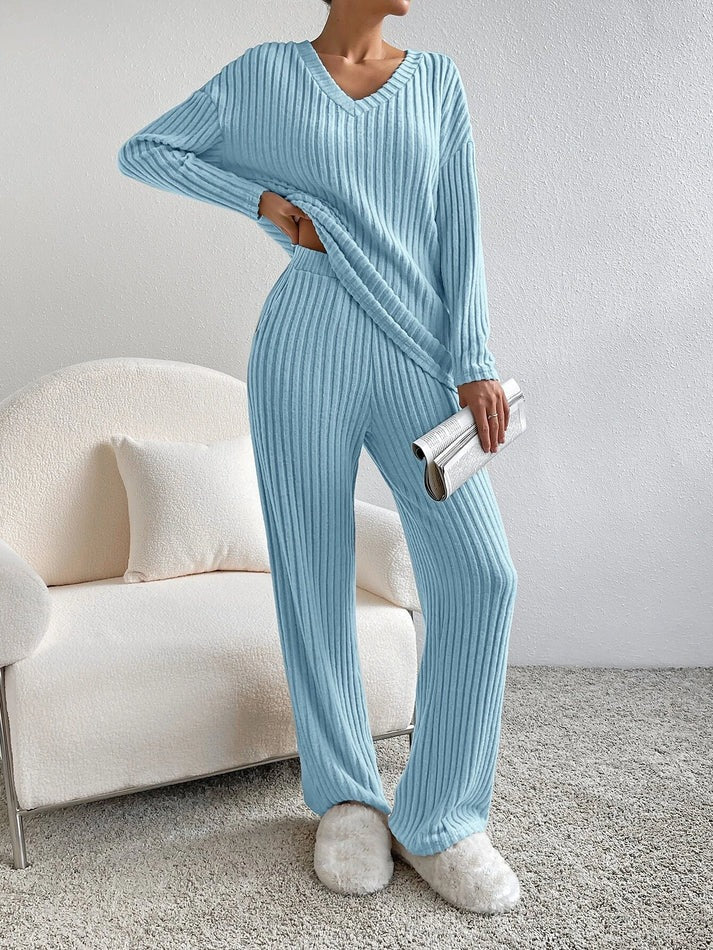 Levoire | Ensemble Manches Longues Rayé Co Ord Femme Loungewear Bleu ciel