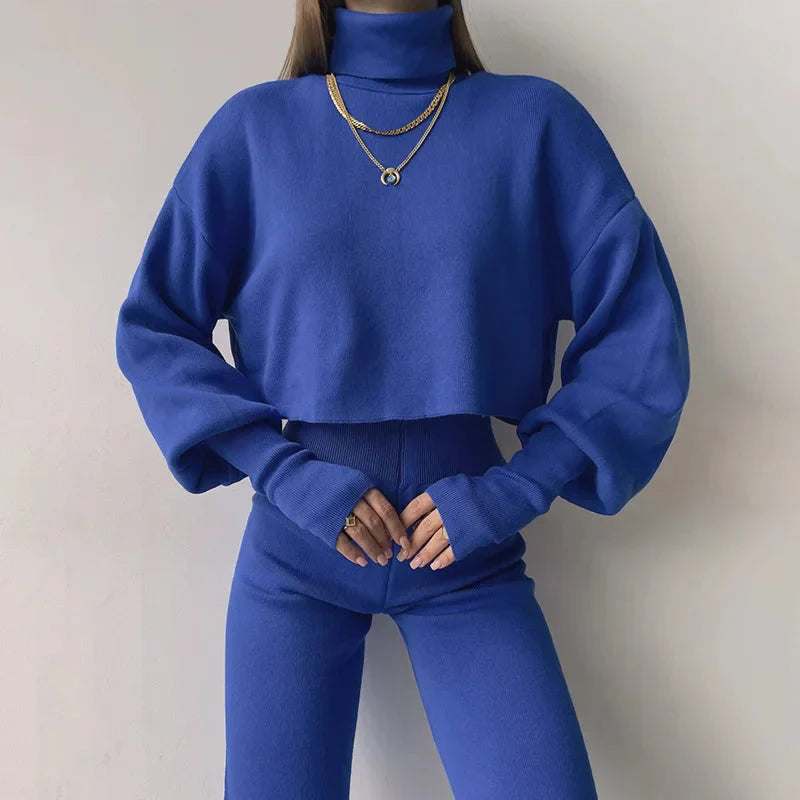 Levoire | Ensemble Deux Pièces Femme Col Roulé Pantalon Taille Haute Jambe Ample Co Ord Set Bleu
