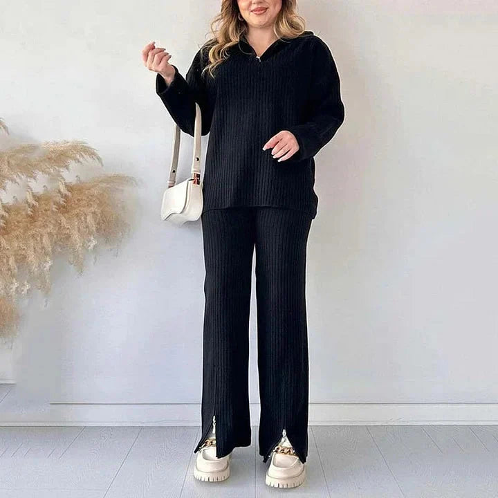 Levoire | Ensemble À Deux Pièces À Côtes Manches Longues Ensemble À Deux Pièces Vêtements De Détente Pour Femmes Noir