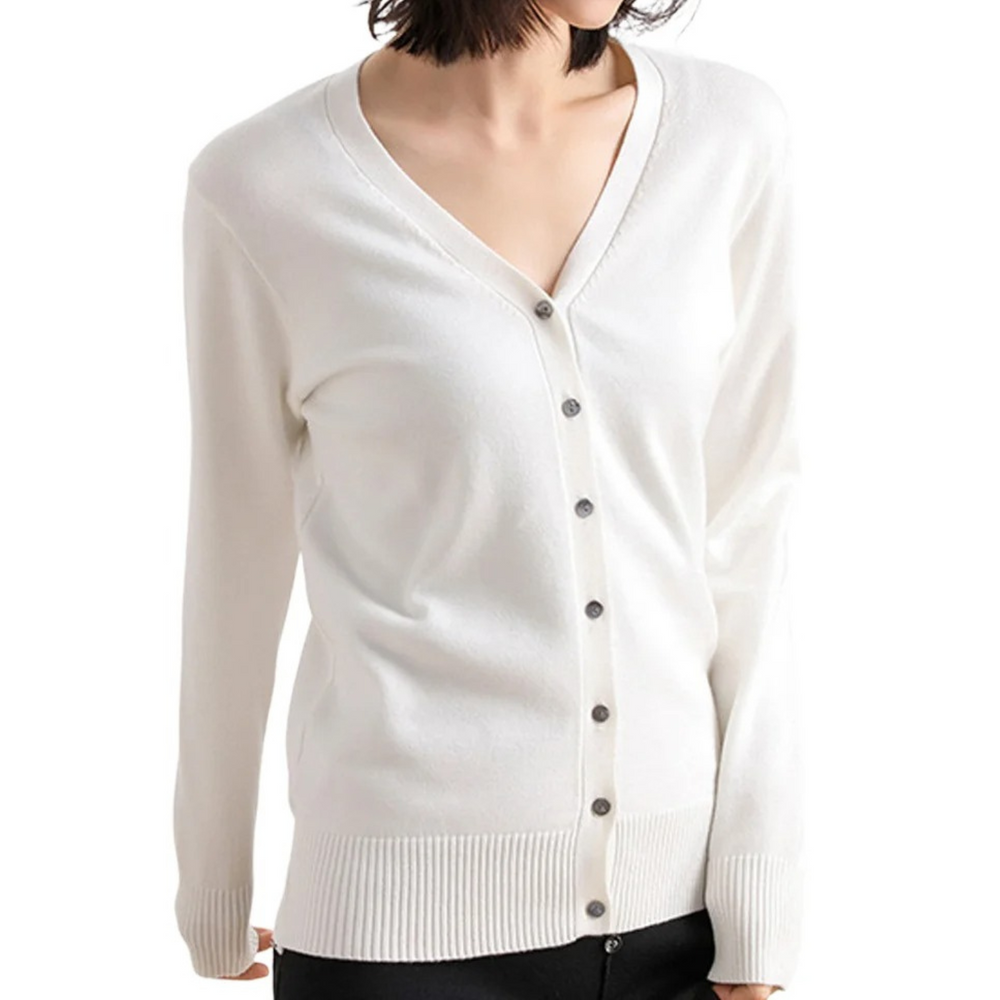 Levoire | Cardigan Avec Encolure V Simple Unicolore Manches Longues Blanc