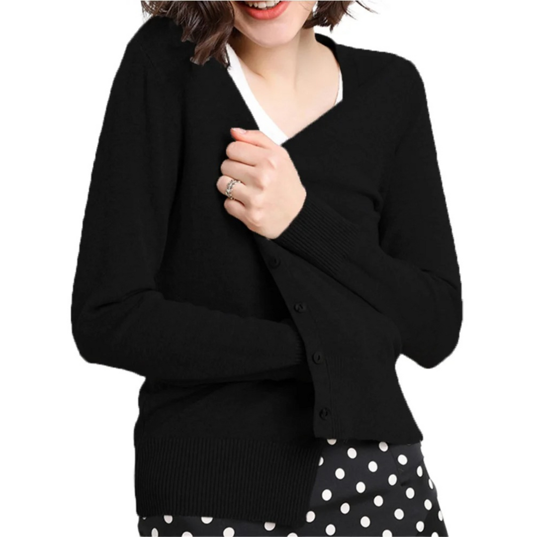 Levoire | Cardigan Avec Encolure V Simple Unicolore Manches Longues Noir