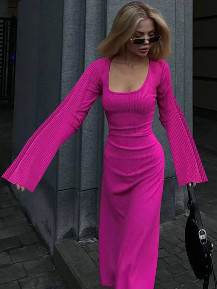 Levoire | Robe Longue Ajustée À Côtes Pour Femmes RosaRouge