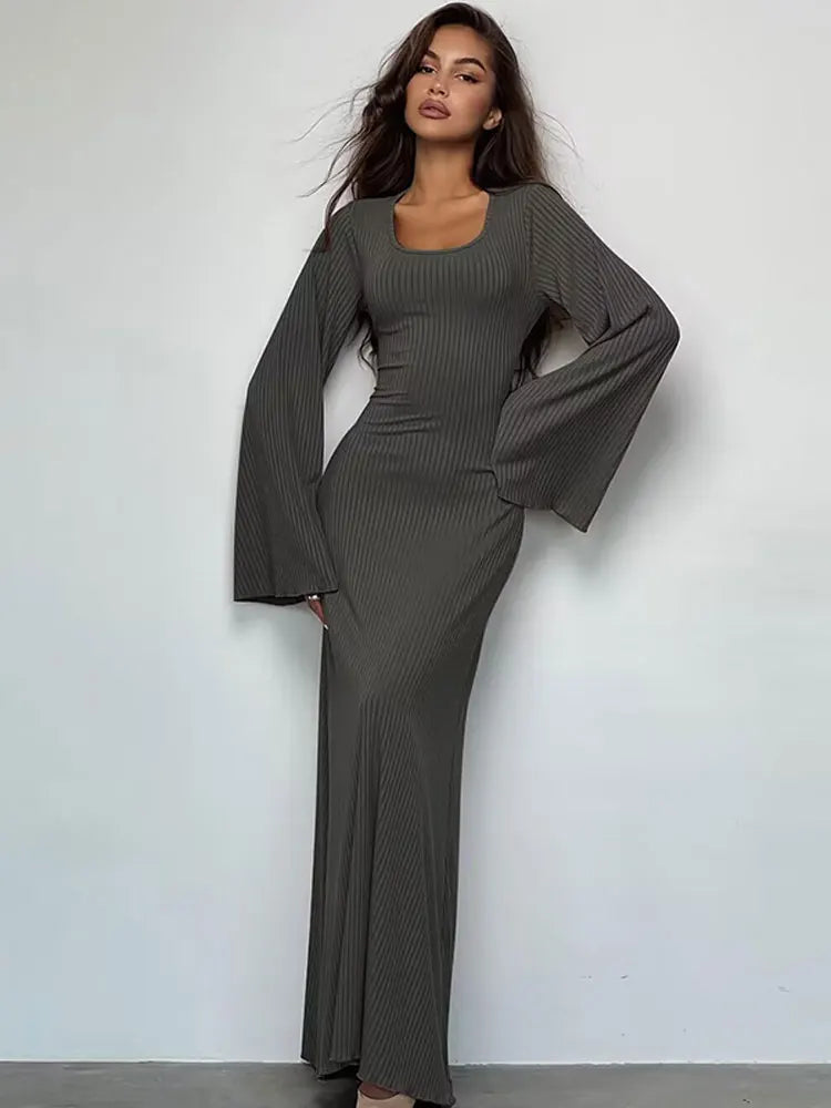 Levoire | Robe Longue Ajustée À Côtes Pour Femmes Gris foncé