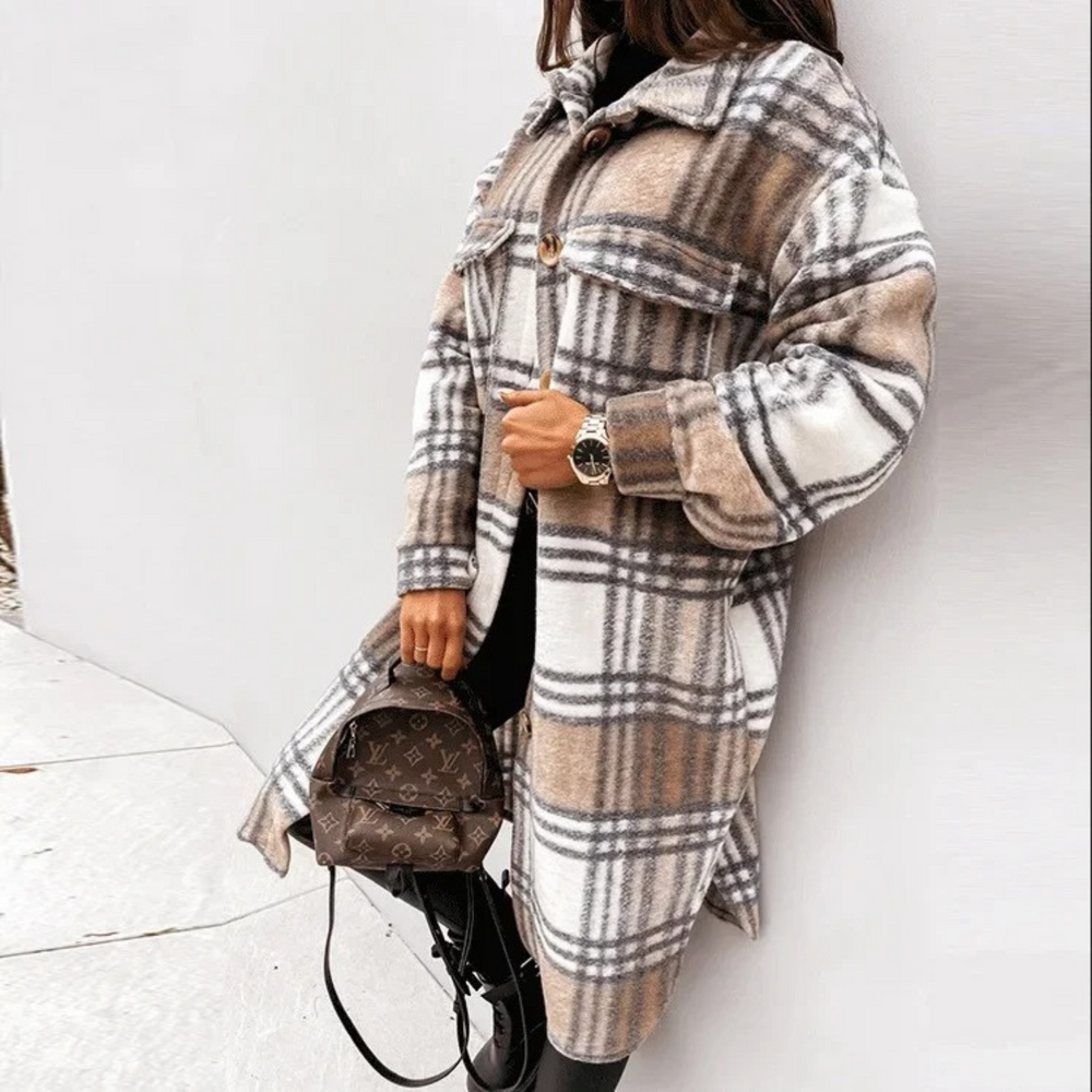 Levoire | Manteau Pour Femmes Avec Col À Revers À Carreaux Brun-blanc