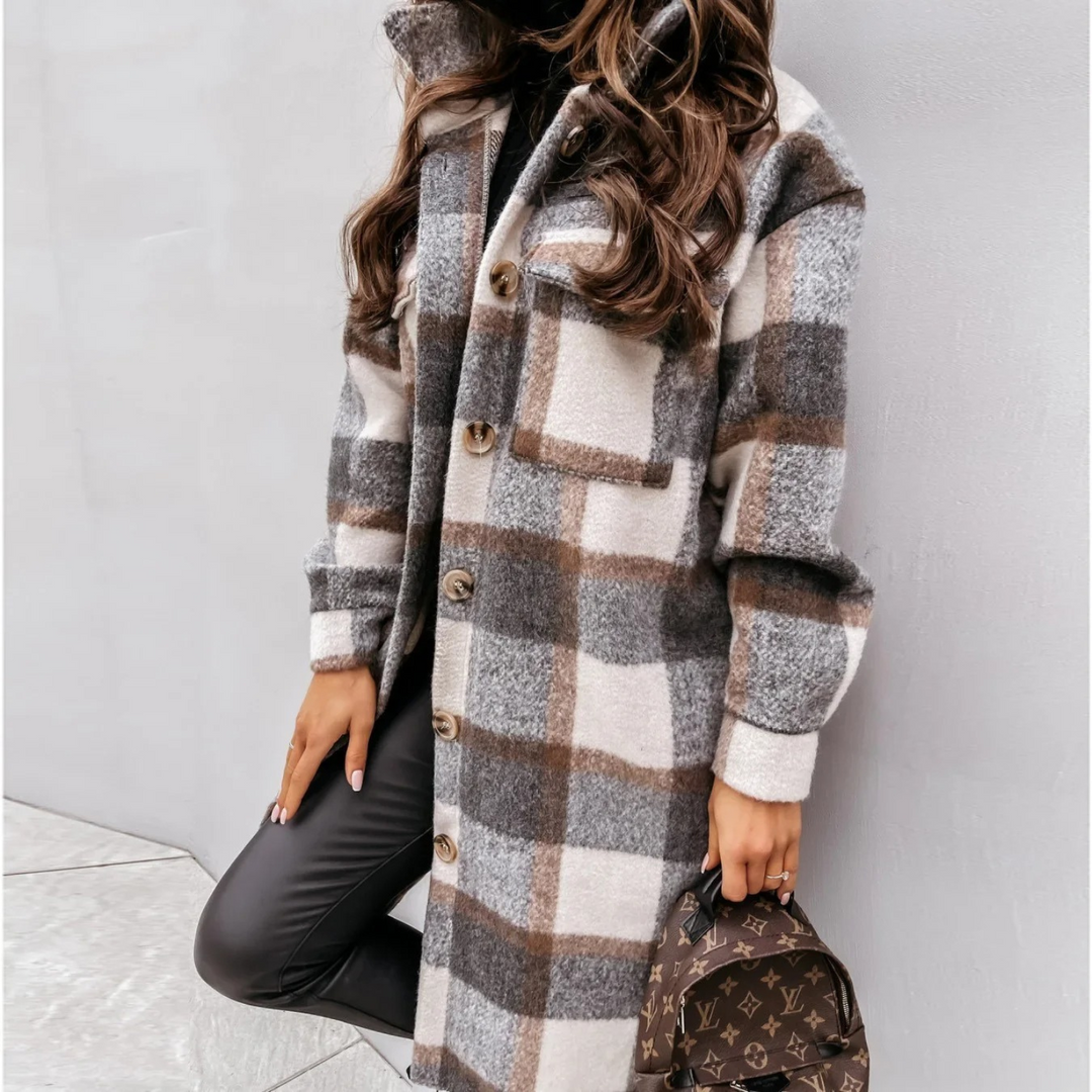 Levoire | Manteau Pour Femmes Avec Col À Revers À Carreaux Gris-blanc-brun