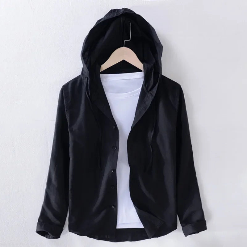 Levoire | Chemise En Lin Decontractee Avec Capuche Hommes Noir