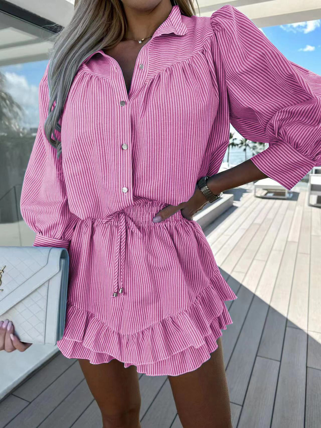 Levoire | Ensemble Chemise Rayée Et Jupe Volants Rosa