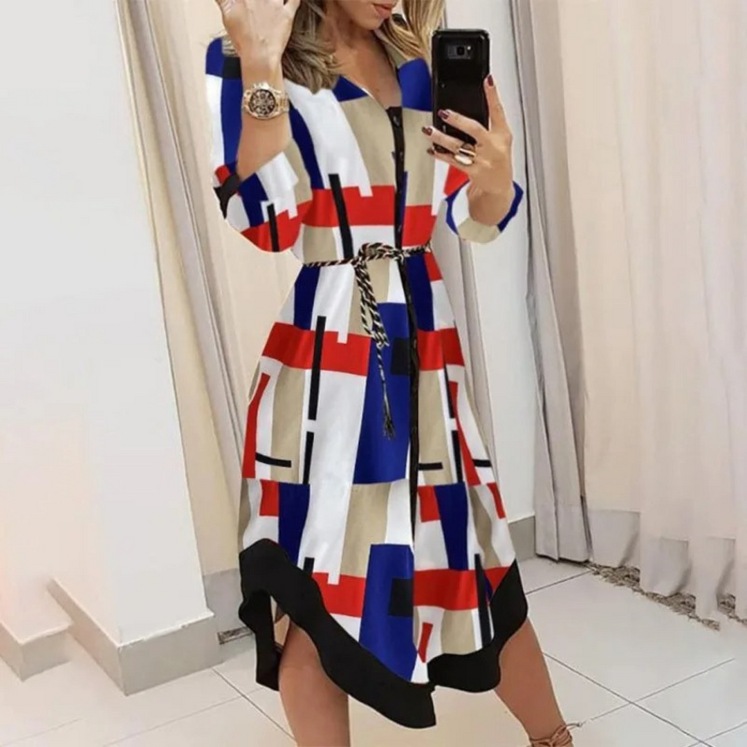 Levoire | Robe Blouse Confortable À Col Revers Rembourré Bleu-rouge