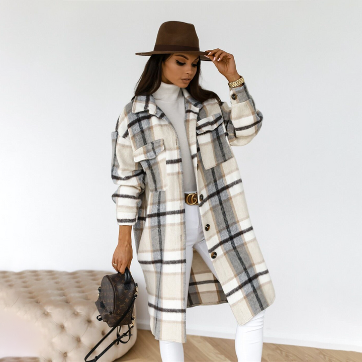 Levoire - Manteau long à carreaux pour femmes nouvelle collection automne 2025 Gris-Blanc