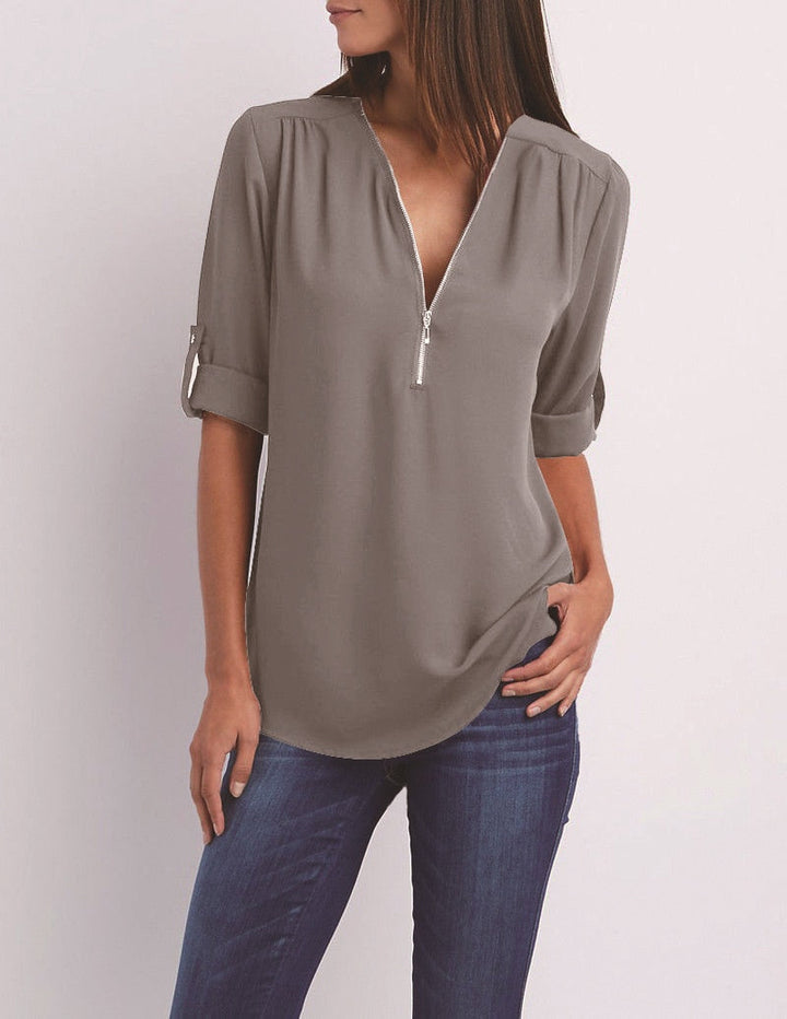 Levoire | Taille V-Neck Zip Manches Longues Chemise Sexy Casual Blouse Pour Femmes Gris