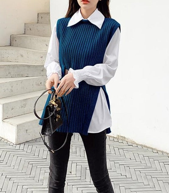 Levoire | Gilet Tricoté À Lacets & Chemise Blanche Décontractée Mode Pour Femmes Bleu