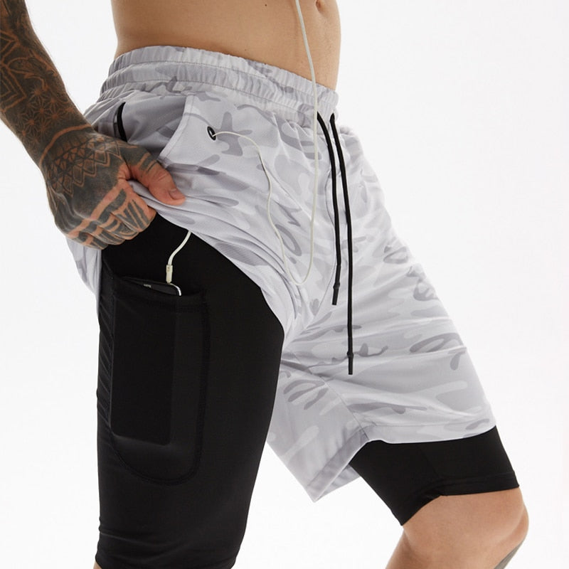 Levoire | Fit Shorts De Course Incl Trousse À Téléphone & Ouverture Pour Pièce Blanc Camo