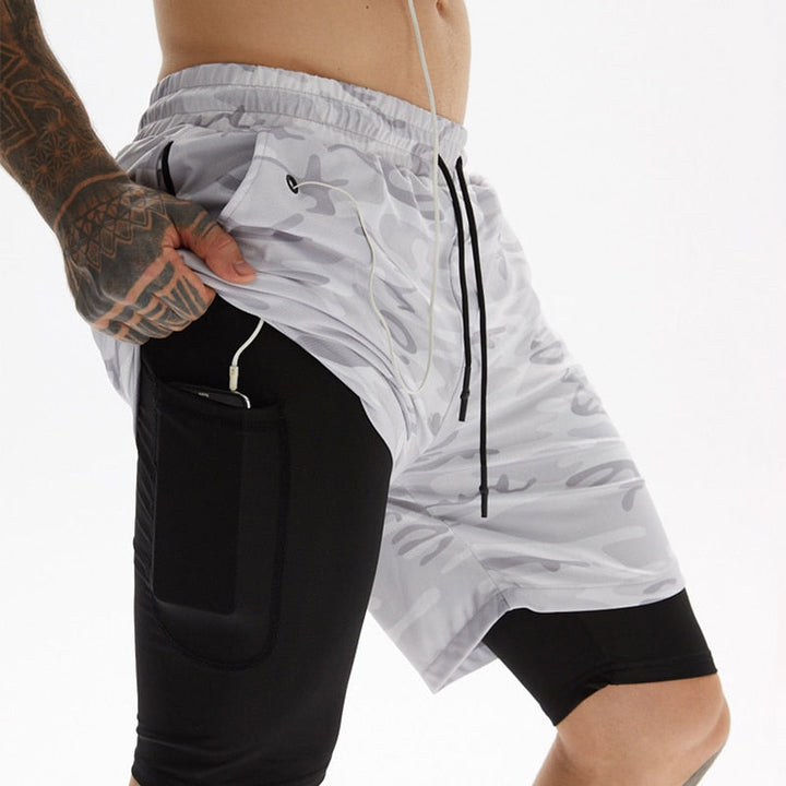 Levoire | Fit Shorts De Course Incl Trousse À Téléphone & Ouverture Pour Pièce Blanc Camo