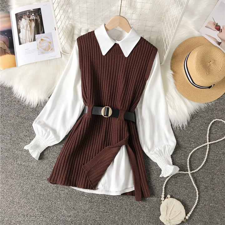 Levoire | Gilet Tricoté À Lacets & Chemise Blanche Décontractée Mode Pour Femmes Marron