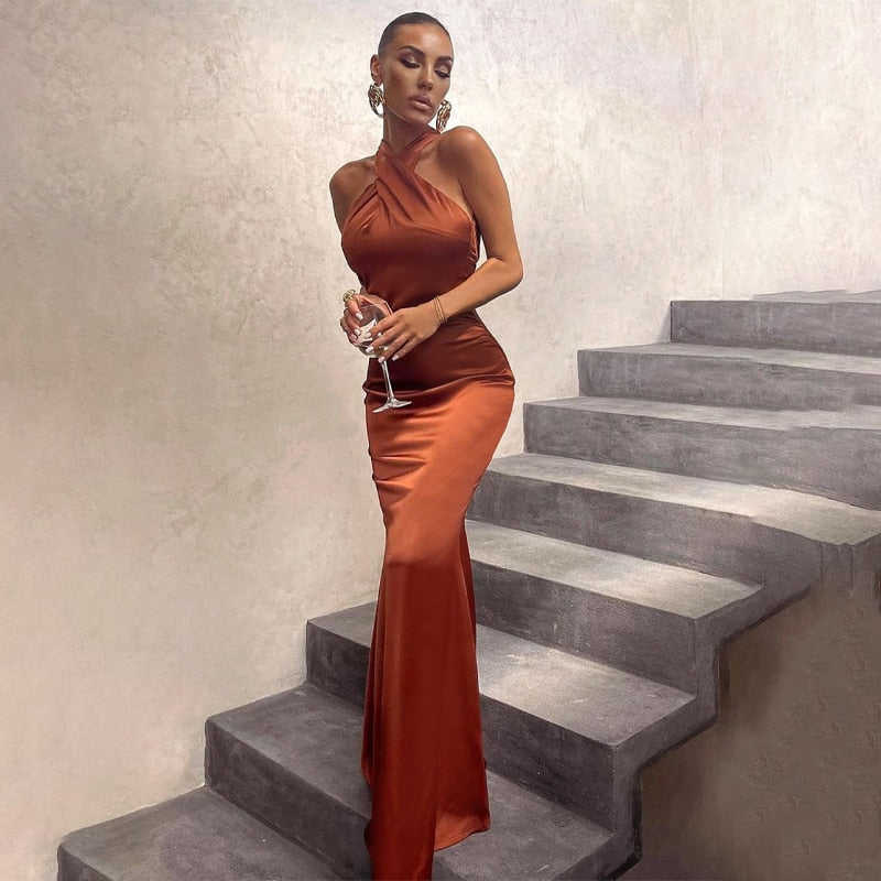 Levoire | Satin Sans Bretelles Dos Nu Robe Midi Brun
