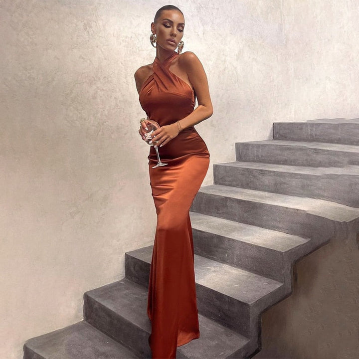 Levoire | Satin Sans Bretelles Dos Nu Robe Midi Brun