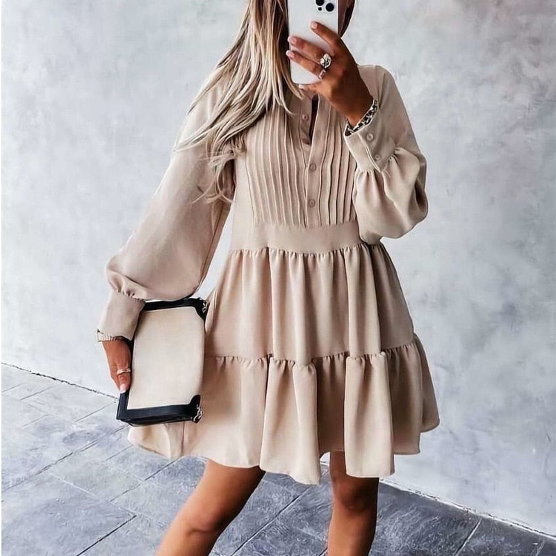 Levoire | Robe Volants Boutonnée Printemps Manches Longues A-Ligne Abricot