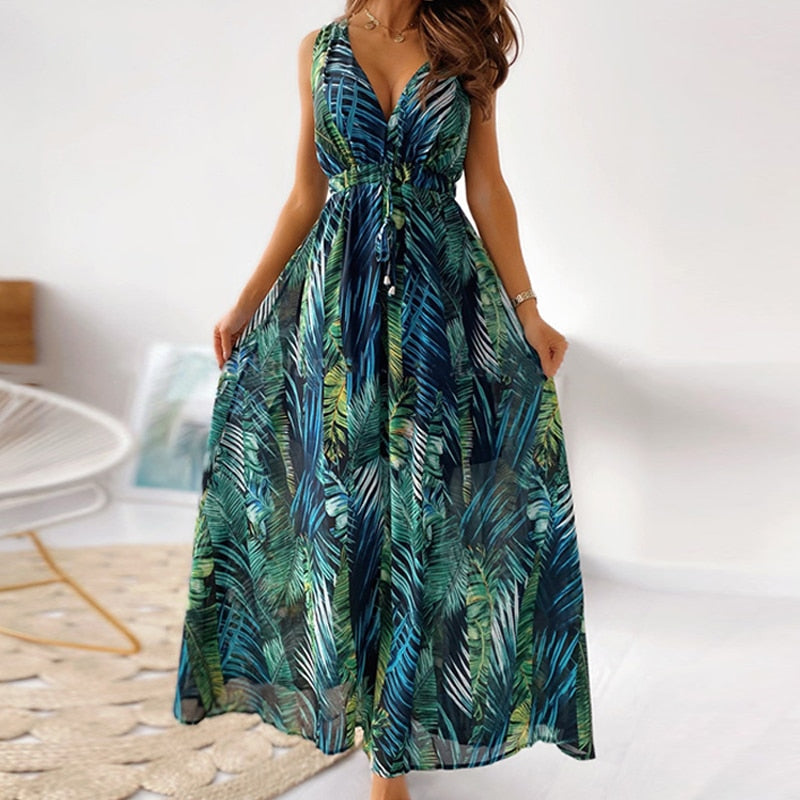 Levoire | Robe Maxi Aérienne Élégance Été Vert avec des fleurs