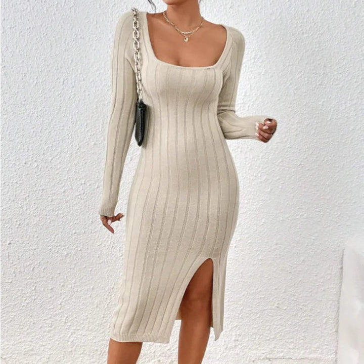 Levoire | Rento Manches Longues Slim Fit Col Carré Midi Robe Beige
