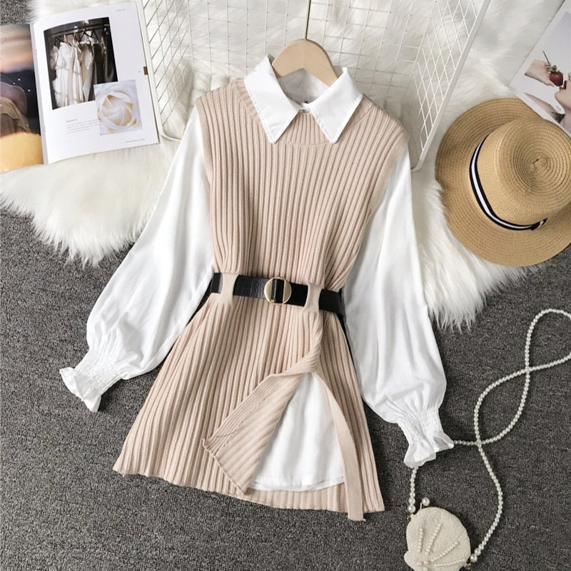 Levoire | Gilet Tricoté À Lacets & Chemise Blanche Décontractée Mode Pour Femmes