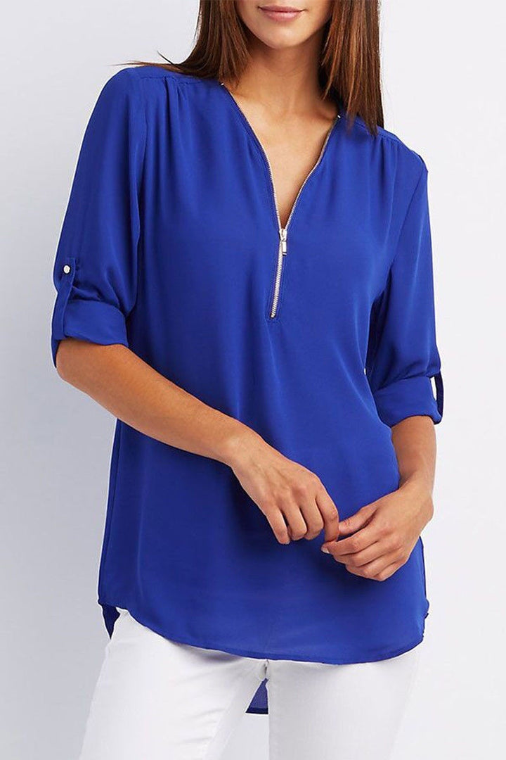 Levoire | Taille V-Neck Zip Manches Longues Chemise Sexy Casual Blouse Pour Femmes Bleu royal