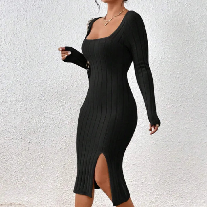Levoire | Rento Manches Longues Slim Fit Col Carré Midi Robe Noir