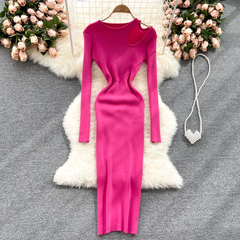 Levoire | Robe Maxi Sexy Tricotée Découpée Rose Rouge Une taille