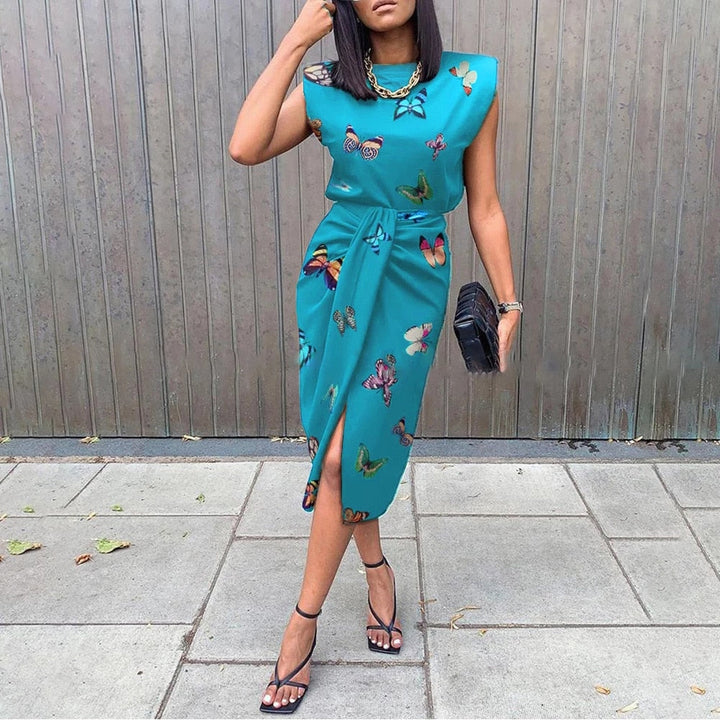 Levoire | Robe De Fête À Manches Courtes Creuses Fermeture À Lacets Robe Longueur Genou Cyan