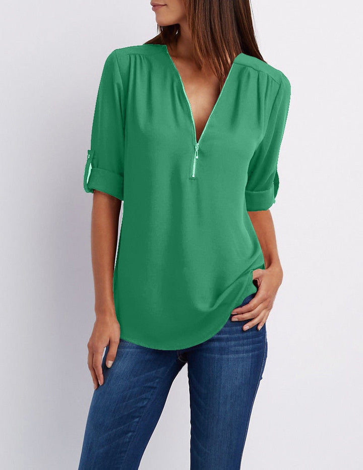 Levoire | Taille V-Neck Zip Manches Longues Chemise Sexy Casual Blouse Pour Femmes