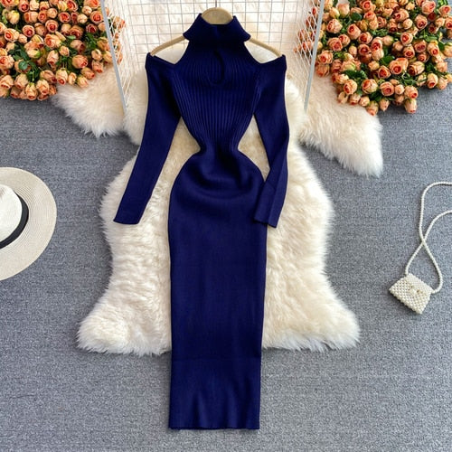 Levoire | Robe Tricot Urbain Épaules Dénudées Bleu Une taille