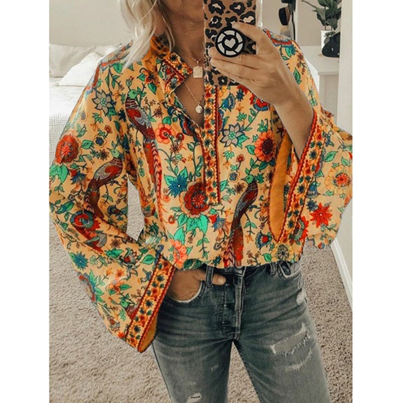 Levoire | Chemise Boho À Motif Floral Élégante Et Confortable Orange