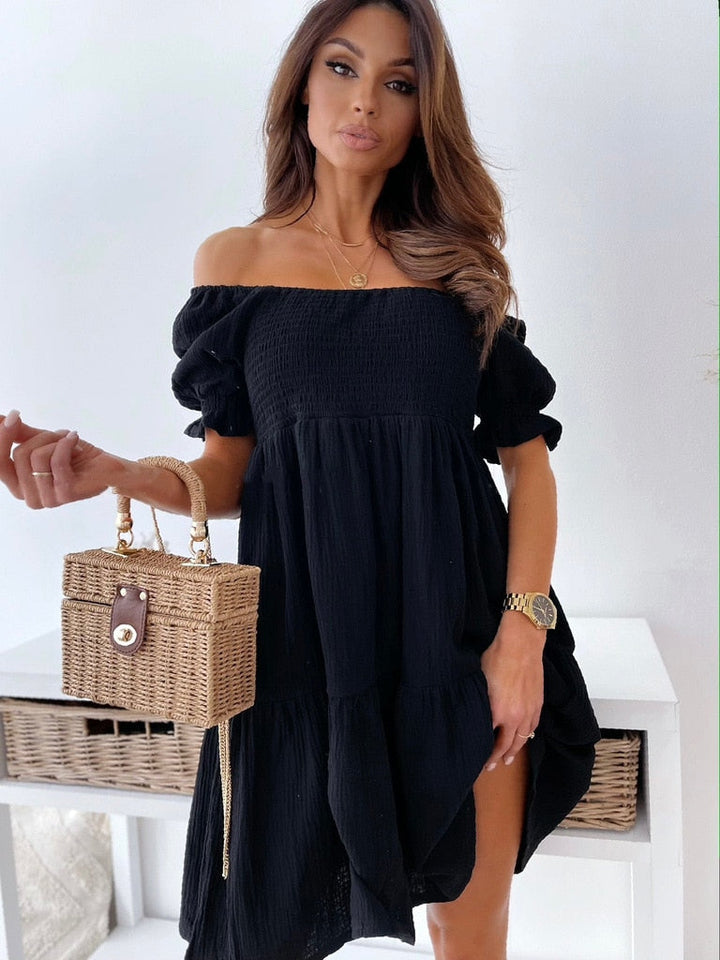Levoire | Robe Mini Dos Nu Manches Bouffantes Fête Plage Noir