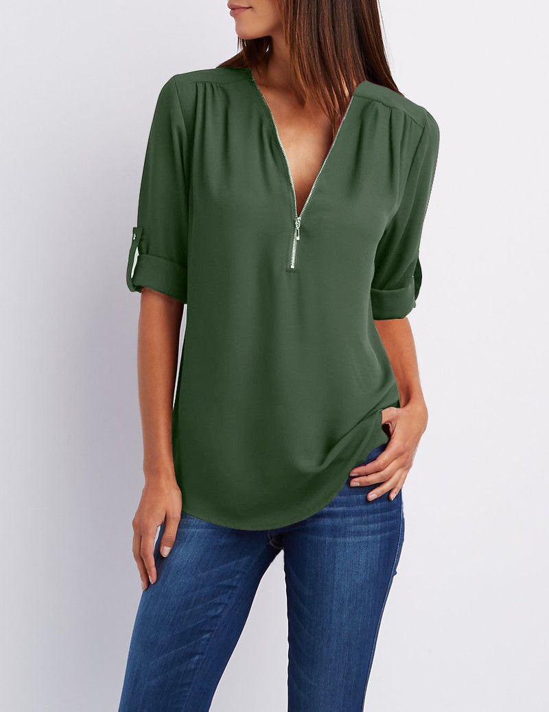 Levoire | Taille V-Neck Zip Manches Longues Chemise Sexy Casual Blouse Pour Femmes Vert Olive