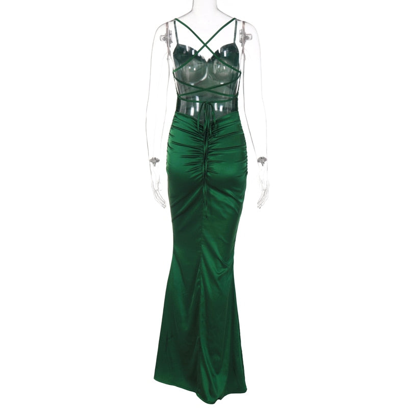 Levoire | Robe Maxi En Satin Vert Avec Découpe Au Dos