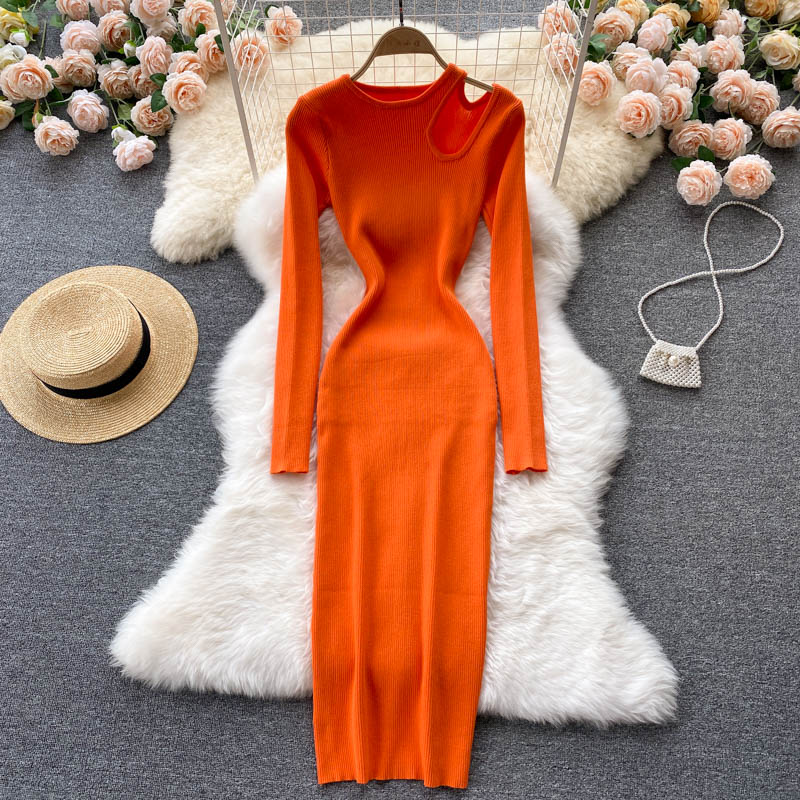 Levoire | Robe Maxi Sexy Tricotée Découpée Orange Une taille