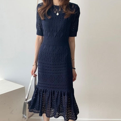 Levoire | Robe Décontractée Tricot A-Ligne Été Bleu Marine Une taille