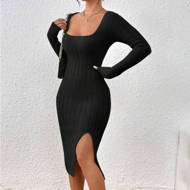 Levoire | Rento Manches Longues Slim Fit Col Carré Midi Robe