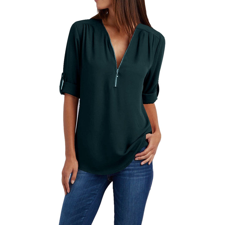 Levoire | Taille V-Neck Zip Manches Longues Chemise Sexy Casual Blouse Pour Femmes