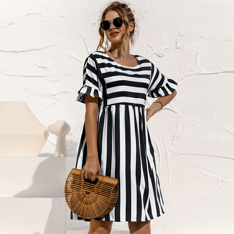Levoire | Robe À Manches Courtes Rayée Pour Femmes Noir