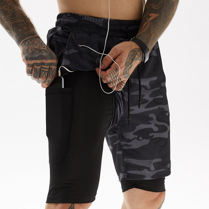Levoire | Fit Shorts De Course Incl Trousse À Téléphone & Ouverture Pour Pièce Gris Vert Camo