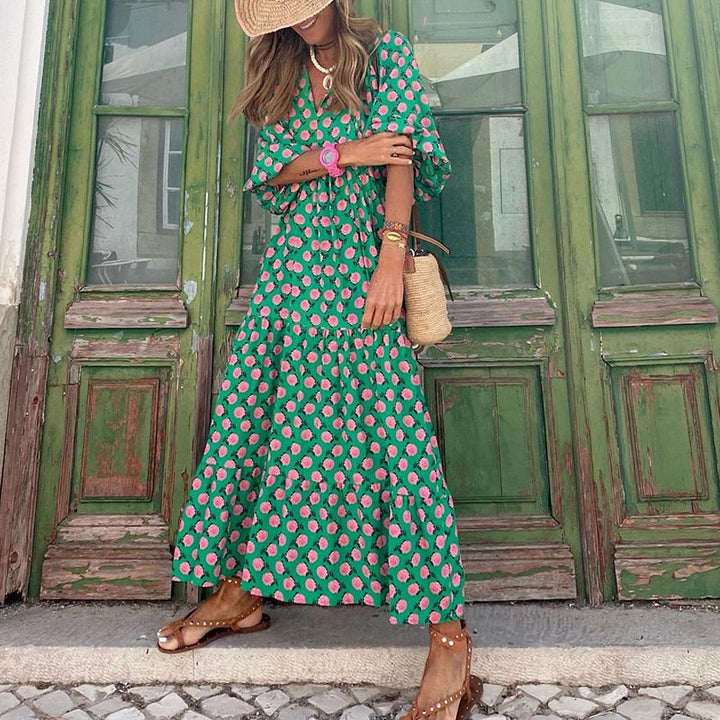 Levoire | Robe D'Été Longue Verte Pour Femmes Fleurs vertes