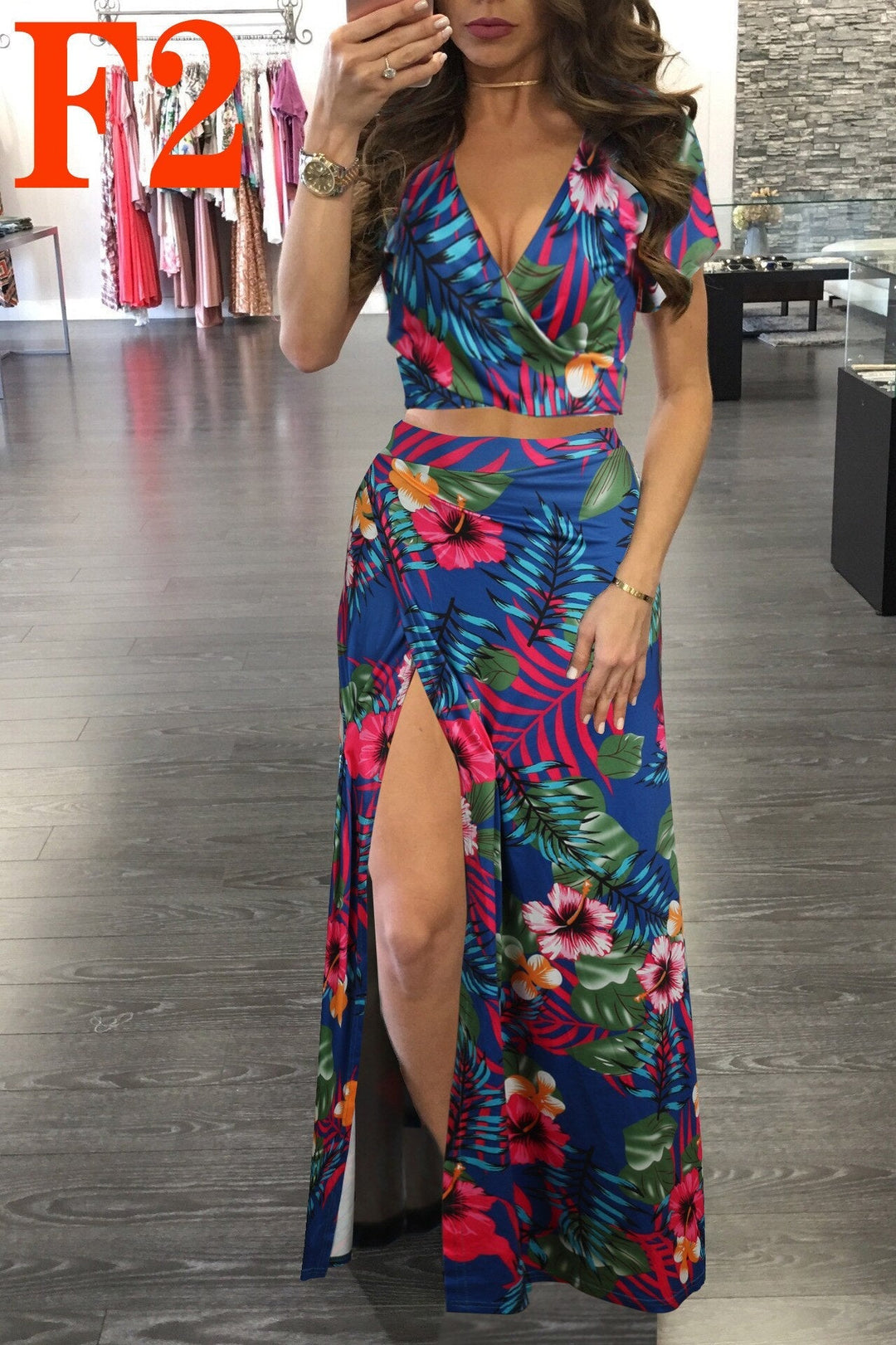 Levoire | Haut De Crop À Motif Floral & Jupe Longue Fendue Rosa