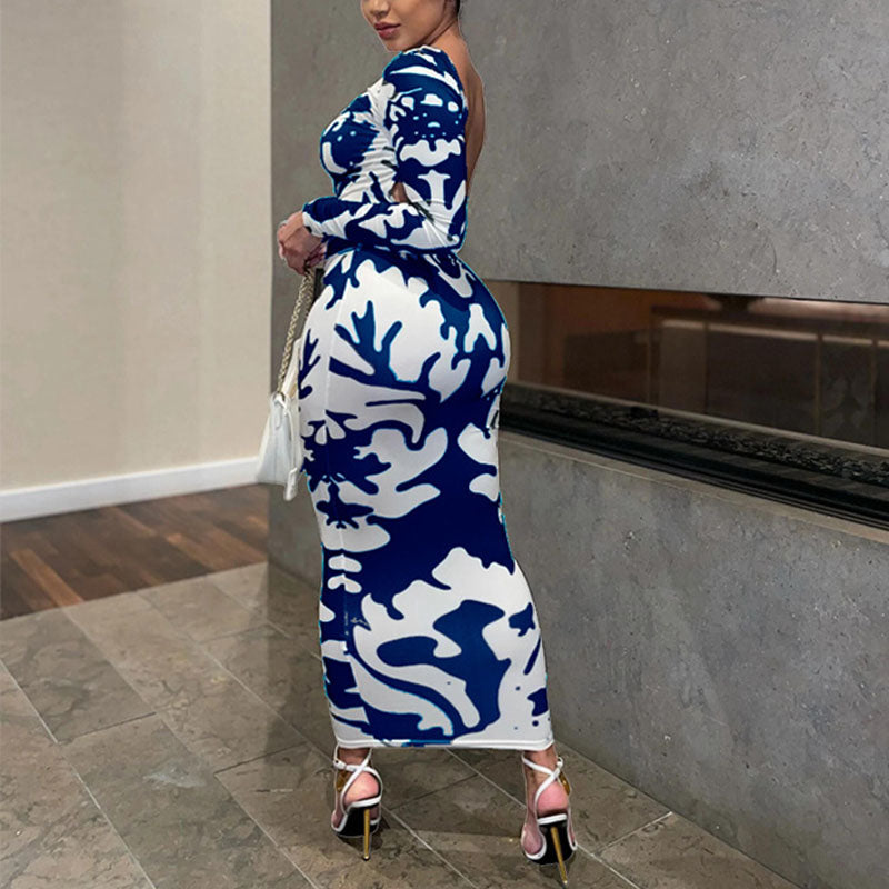 Levoire | Imprimé De Feuille Robe Maxi À Manches Longues Col O