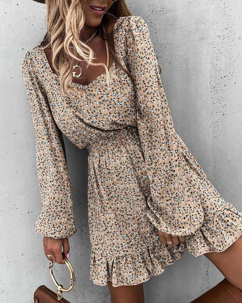 Levoire | Imprimé Floral Mini Robe Col Carré & Manches Bouffantes Pour Bureau & Décontracté Beige